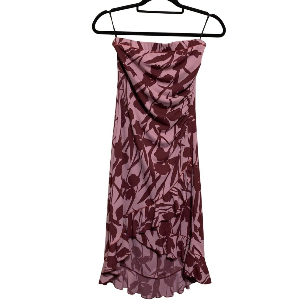 Women's Sz M Strapless Floral Dress Ruffle Hem Mid Pink‎ & Burgundy Y2K Fairy